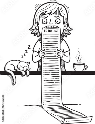 overwhelmed woman holding long to do list with sleeping cat and coffee