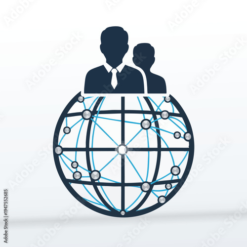 Silhouettes of two business people above a networked globe