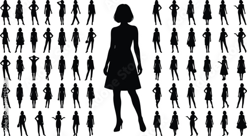 Collection of diverse black silhouettes of women in various poses and outfits, showcasing different body types and styles confidently.