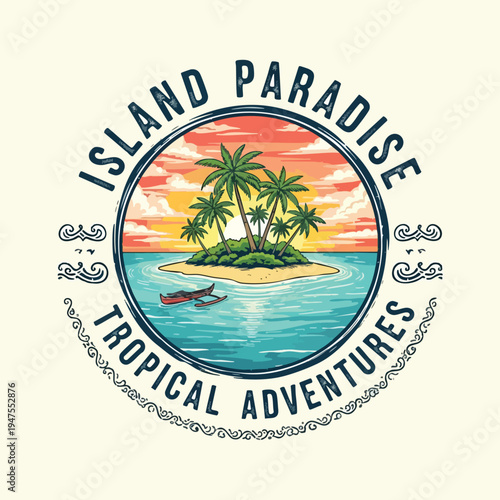 Circular emblem with tropical island, palm trees, canoes, sunset, and decorative text