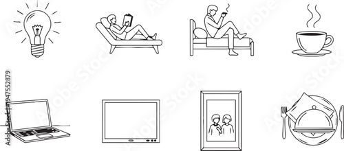 line icons of people relaxing and technology and food and ideas