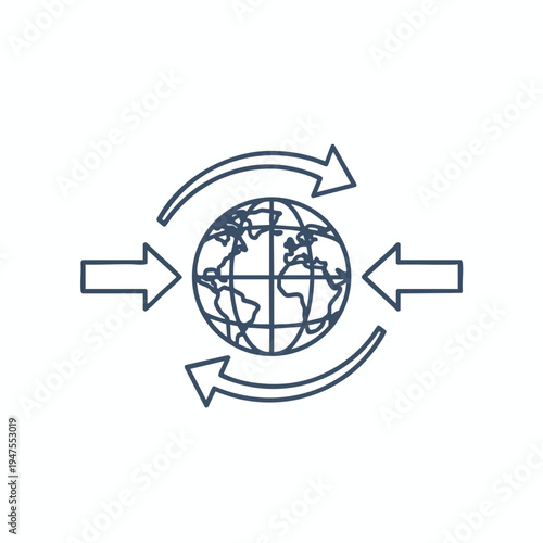 Stylized globe with arrows indicating global movement and exchange