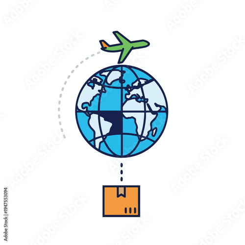 An airplane flies around the globe, delivering a package below