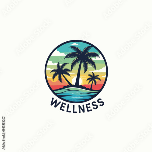 Circular logo with silhouette palm trees on island, ocean, and sunset sky, word "WELLNESS" below