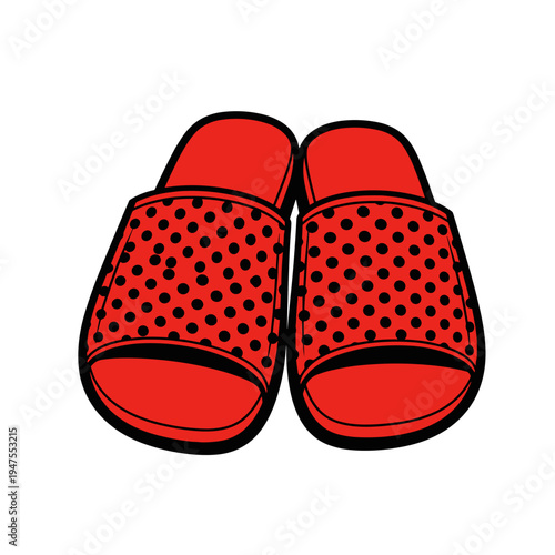 Red open toe sandals with black polka dots, isolated on a clean white background, showcasing modern casual footwear design
