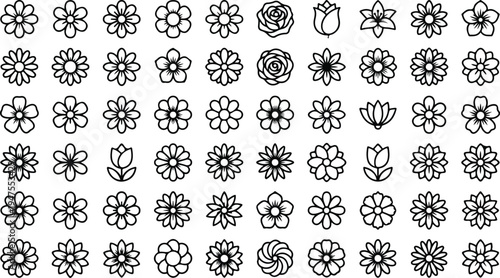 A collection of various black line drawn flowers and blossoms in a grid pattern on a white background illustration