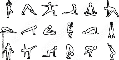 Various yoga poses illustrated in simple black line art for mindfulness and flexibility guidance and instruction