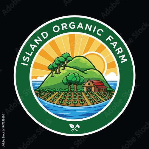 Circular emblem depicts an idyllic island farm with crops, barn, sun, and water