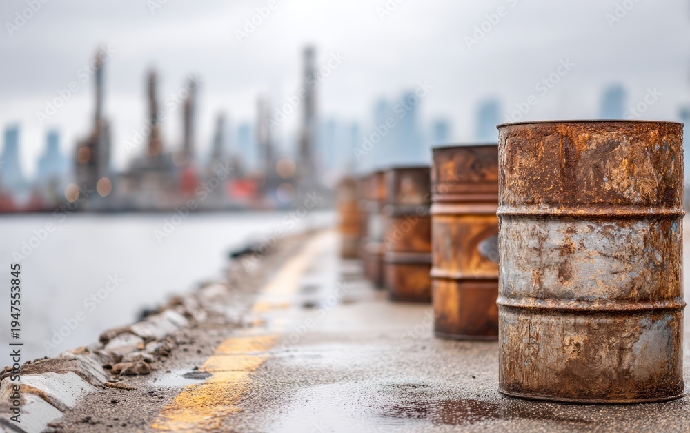 Naklejka premium Weathered Metal Drums Lined Along Industrial Dockyard