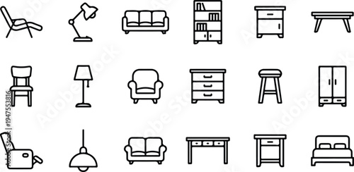Vector graphic illustration of various furniture items for home and office use in simple line art style