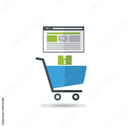 Web page transaction Shopping cart with money box and browser window