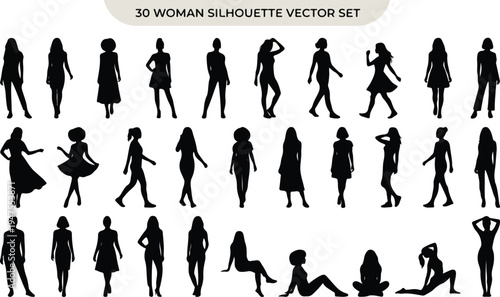 A set of thirty black vector silhouette illustrations of women in various poses and outfits on white background