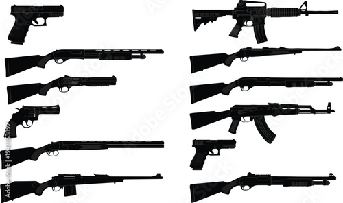 Vector graphic illustration of various firearms including handguns and rifles in black silhouette on a white background design