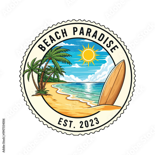 Tropical stamp with palm trees, surfboard, ocean, and sun