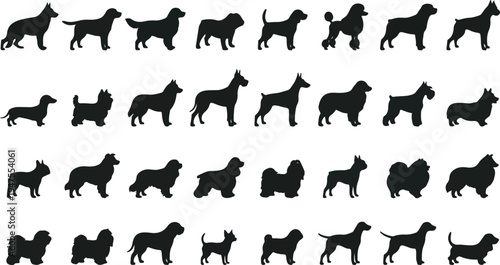 A collection of various dog breeds in black silhouette vector graphic illustration