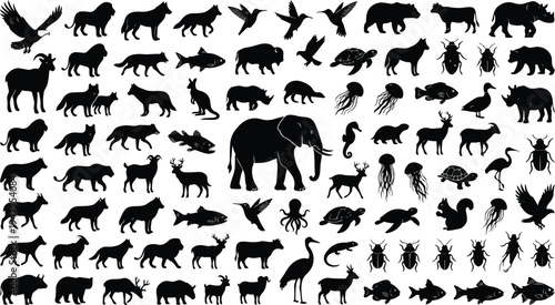 Black silhouettes of various wild animals on a white background, including mammals, birds, fish, and insects in vector illustration.