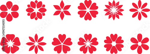 A vibrant collection of red flower designs in various shapes and sizes on a white background illustration