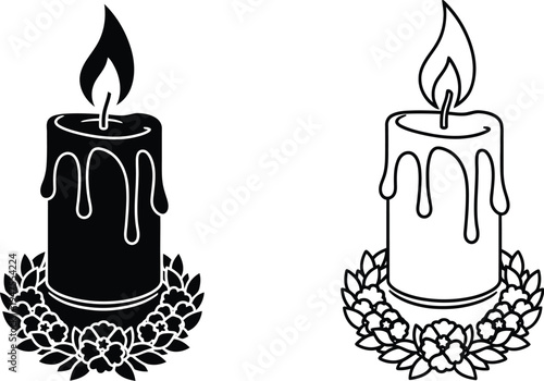 Black and white candles with melting wax and leaves Vector