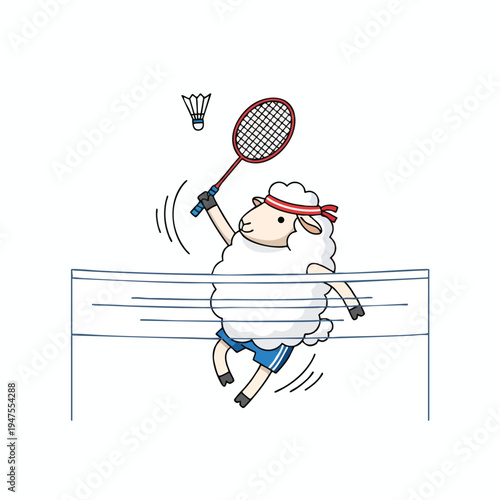 Fluffy sheep in sports shorts playing badminton, jumping and hitting shuttlecock