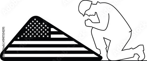American flag mournful kneeling soldier patriotic Vector