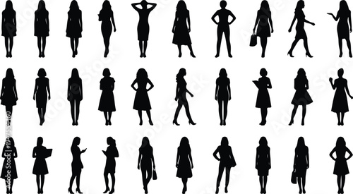 Collection of various black silhouette vector graphics of businesswomen in different poses and outfits.
