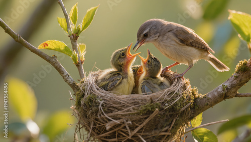 Bird Feeding Chicks in a Nest During Spring