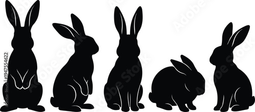 Five black silhouette illustrations of rabbits in various sitting positions and poses