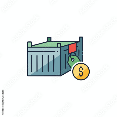 Shipping container with price tag and dollar coin, representing logistics cost