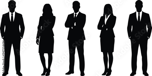 Vector graphic illustration of five business professionals standing in formal attire
