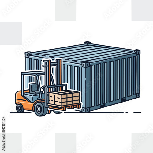 Forklift loading palletized boxes next to a large shipping container