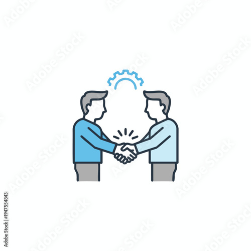 Two figures shake hands under a gear icon, symbolizing agreement and collaboration