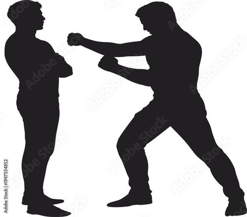 Silhouette of man in fighting stance facing another male character, self defense or boxing training vector