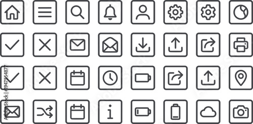 User interface line icons set including home search notification settings upload download email calendar battery cloud and navigation symbols for mobile and web applications