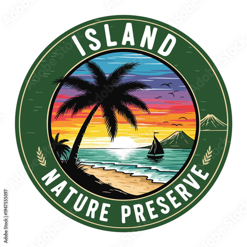Tropical island nature preserve emblem with palm tree, sailboat, sunset, and mountains