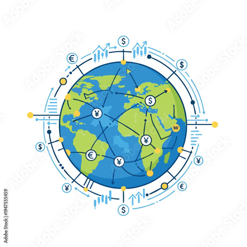 Global connections shown with currency symbols, arrows, and charts