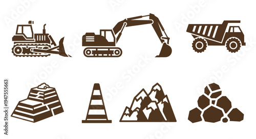 Heavy Machinery and Mining Icons Set.