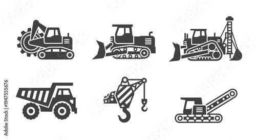 Heavy Machinery Equipment Icons Set Illustration.