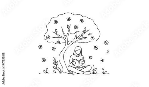 Continuous line drawing person reading book under tree peaceful outdoor learning concept