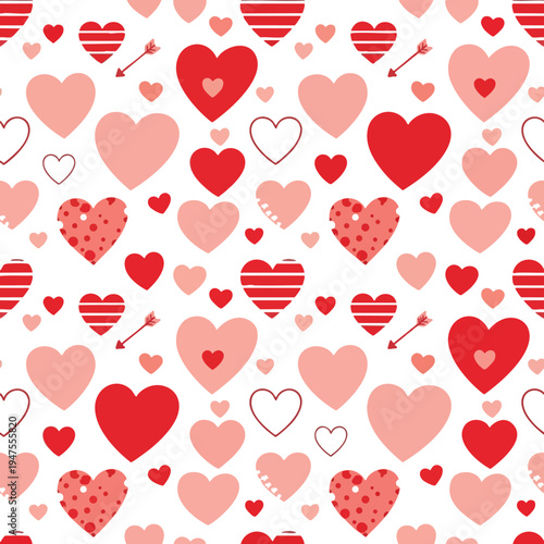 Red and pink hearts, some striped, some dotted, with cupid's arrow