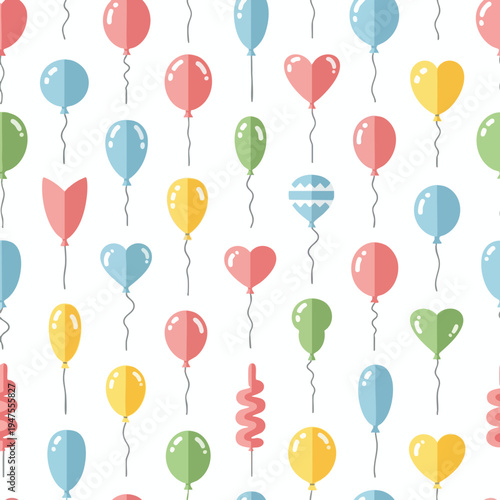 A joyful pattern of colorful, flat balloons and wavy strings