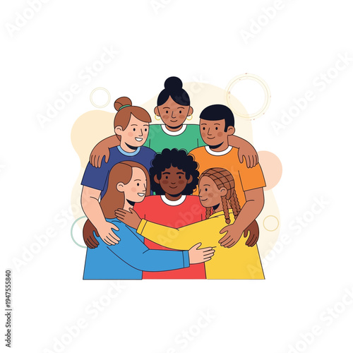 A diverse group of six young people of various ethnicities and genders embracing each other in a circle, symbolizing unity and friendship.