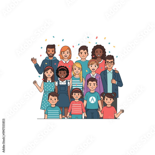 A diverse group of smiling adults and children posing together for a photo with confetti in the background.