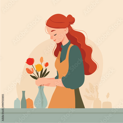 Illustrated woman arranging bouquet of flowers.
