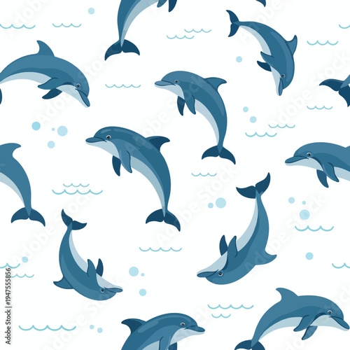 A playful pattern of blue dolphins leaping and swimming in gentle waves