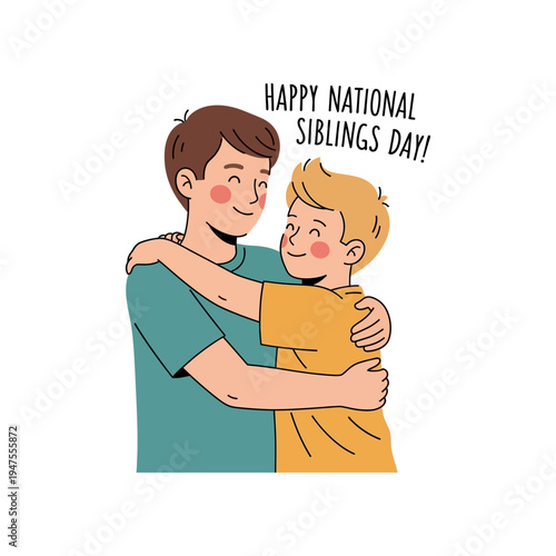 Two brothers hugging each other warmly to celebrate National Siblings Day with a joyful expression.