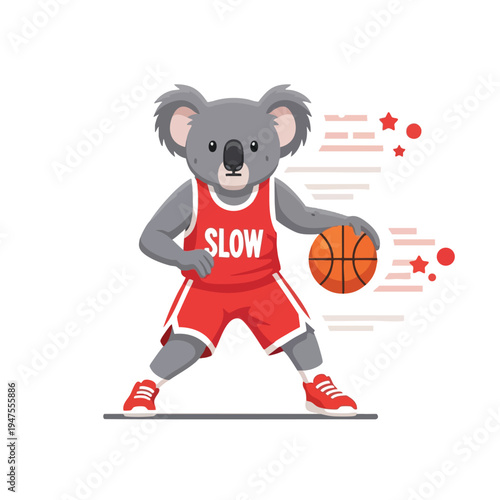 Gray koala wearing red basketball uniform dribbles an orange ball