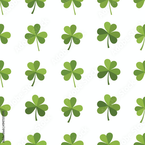 Repeating pattern of green shamrock leaves on a white background