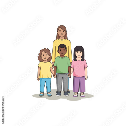 A diverse group of three young children and an adult woman standing together, holding hands.