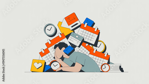 Minimalist flat illustration of person overwhelmed by falling calendar blocks and task icons