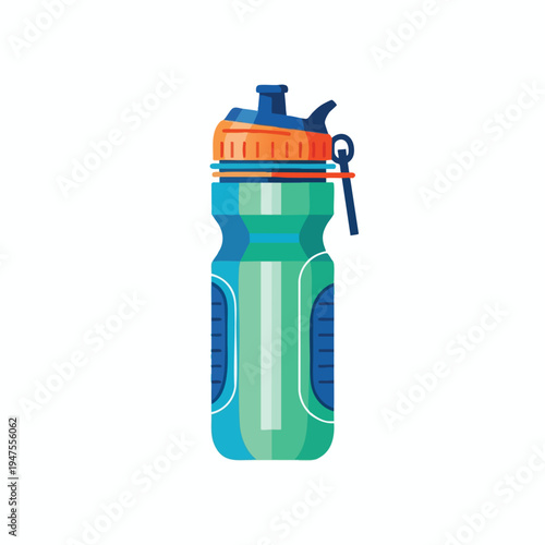 Colorful sports water bottle with blue and green gradient, orange cap and strap